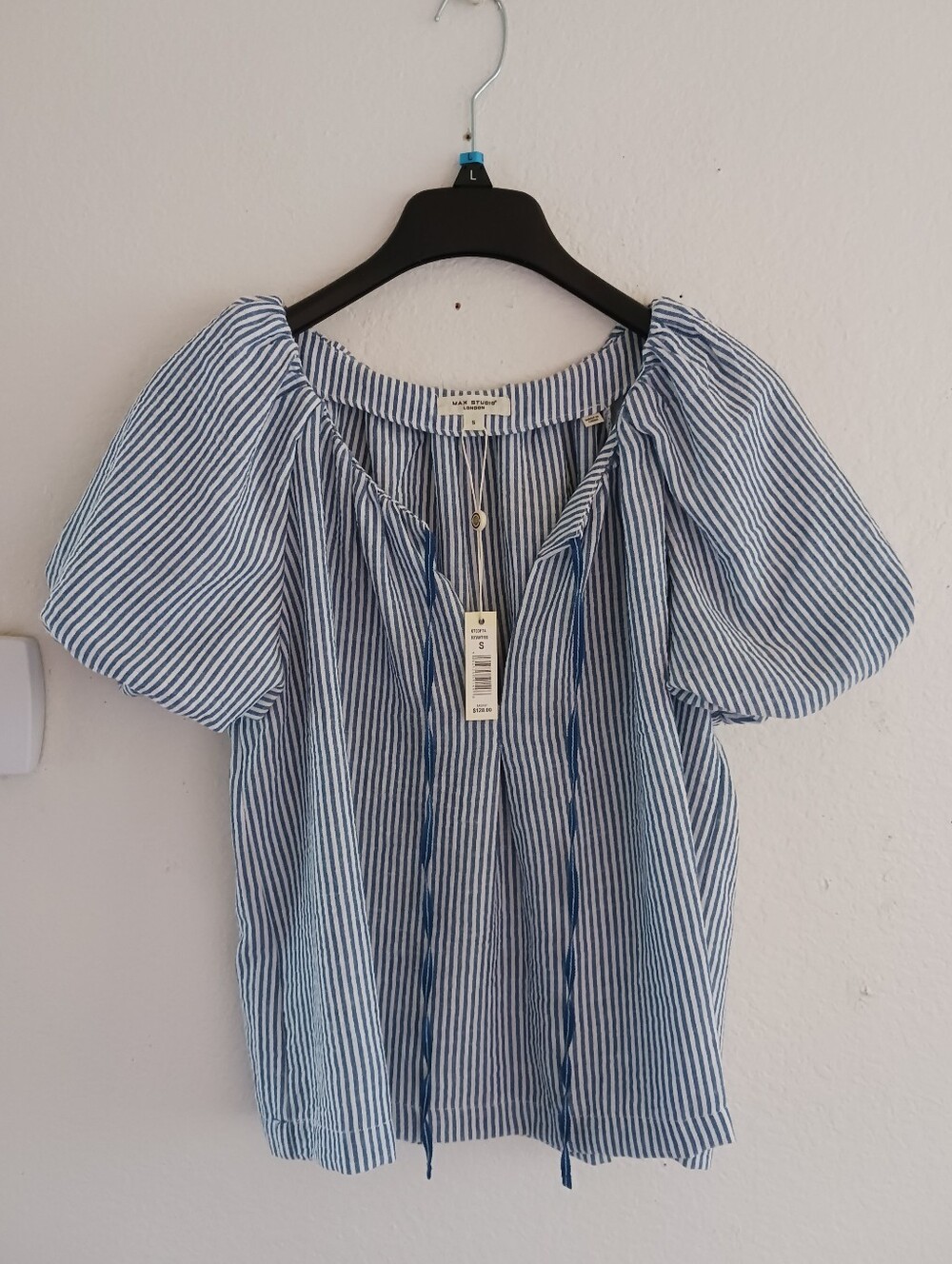 Max Studio Navy Stripe Bubble Sleeve Tie Front Blouse